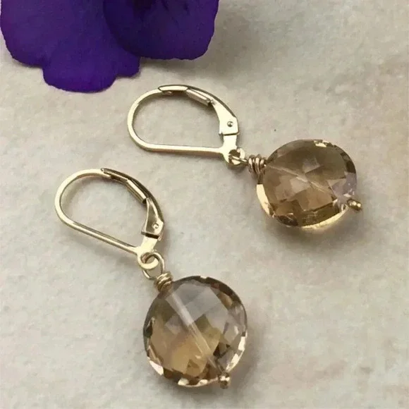 Worn on TV, Champagne Quartz, Neutral Color Earrings, Round Gemstone Earrings - Picture 1 of 3